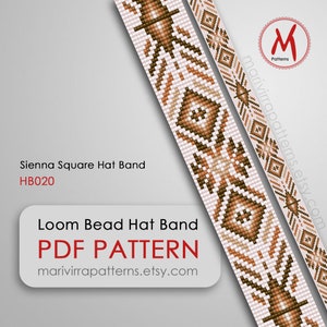 Könnte beinhalten: Ein PDF-Muster für ein Loom-Bead-Hutband mit einem geometrischen Design in Braun, Beige und Weiß. Das Muster heißt "Sienna Square Hat Band" und hat den Code HB020. Das Muster ist auf marivirrapatterns.etsy.com erhältlich.