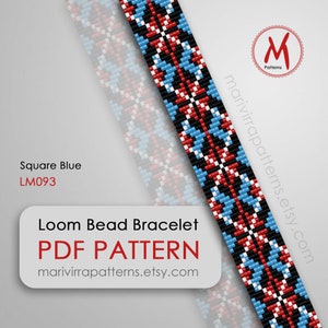 May include: A loom bead bracelet pattern with a blue, red, white, and black color scheme. The pattern is called "Square Blue" and has the code LM093. The pattern is available as a PDF download from marivirrapatterns.etsy.com.