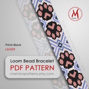 May include: A loom bead bracelet pattern featuring a paw print design in black, pink, and blue. The pattern is for a bracelet that is approximately 1.5 inches wide. The pattern is available as a PDF download. The text "Loom Bead Bracelet PDF PATTERN marivirrapatterns.etsy.com" is displayed on the image.