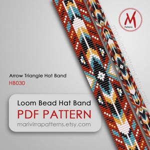 Peut inclure: Image de deux bandes de chapeau en perles tissées avec un motif de triangle en flèche. Les bandes présentent un motif de perles rouges, noires, blanches, jaunes et turquoise. Le texte sur l'image indique "Arrow Triangle Hat Band" et "Loom Bead Hat Band PDF PATTERN".