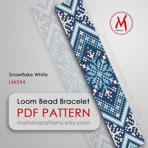 May include: A loom bead bracelet pattern featuring a snowflake design in white, blue, and light blue. The pattern is called "Snowflake White" and has the code LM344. The image includes the text "Loom Bead Bracelet PDF PATTERN marivirrapatterns.etsy.com".