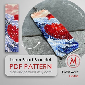 Op de afbeelding: Een weefparel armbandpatroon voor een Great Wave-ontwerp. Het patroon is voor een armband met een blauw, wit en rood kleurenschema. Het patroon is beschikbaar als PDF-download. Het patroon heet "Great Wave" en heeft de code LM436.