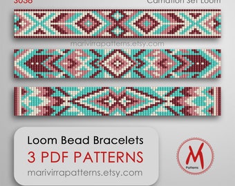 Carnation Loom bead patterns for bracelets - Set of 3 pattern, native inspired, west style, beads 11/0 size - PDF instant download #S038