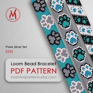 May include: Three loom bead bracelet patterns featuring paw prints in shades of gray, teal, and white. The patterns are labeled "Paws Silver Set" and priced at $235. The image also includes the text "Loom Bead Bracelet PDF PATTERN marivirrapatterns.etsy.com".