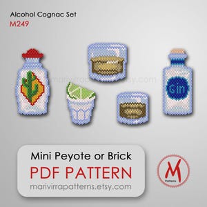 Könnte beinhalten: Eine Sammlung von Perlenmustern zum Thema Alkohol, darunter eine Flasche mit einem Kaktus, ein Cocktailglas mit Limette und eine Gin-Flasche. Die Designs sind im Pixelstil gehalten, mit dem Text "Alcohol Cognac Set" und "Gin".