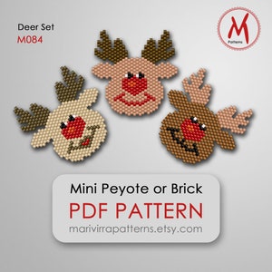 May include: Three beaded deer head designs in tan, brown, and beige with red noses and brown antlers. The image includes text that reads "Deer Set M084" and "Mini Peyote or Brick PDF Pattern" with a website address.