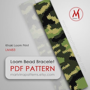 May include: A digital PDF pattern for a loom bead bracelet with a khaki camouflage design. The pattern features shades of green, black, and tan. The text on the image reads "Khaki Loom Print LM483" and "Loom Bead Bracelet PDF PATTERN".