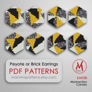 Op de afbeelding: Acht zeshoekige kralenpatronen voor oorbellen in zwart, wit, grijs en geel. De patronen zijn gelabeld met "Peyote or Brick Earrings PDF Patterns" en "EA038 Abstraction Canary".