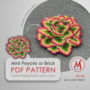 May include: A PDF pattern for a mini peyote or brick stitch succulent in red, green, and pink colors. The pattern is called "M145 Succulent Red" and is available on marivirrapatterns.etsy.com.