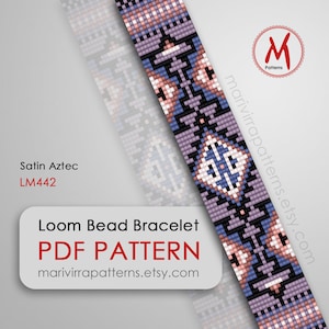 May include: A loom bead bracelet pattern with a geometric design in shades of pink, blue, black, and white. The pattern is called "Satin Aztec" and has the code LM442. The image includes the text "Loom Bead Bracelet PDF PATTERN marivirrapatterns.etsy.com".