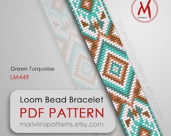 Green Turquoise Loom bead patterns for bracelets - Pattern native inspired, southwest, miyuki beads 11/0 size - PDF instant download #LM449