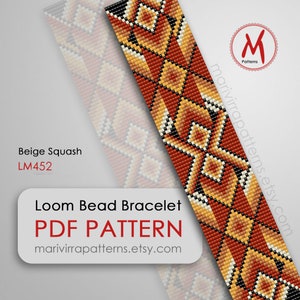 Puede incluir: Patrón de brazalete de cuentas de telar Beige Squash, una descarga PDF con un diseño geométrico con cuentas de color naranja, rojo, amarillo, negro y blanco. El patrón está disponible para su compra en marivirrapatterns.etsy.com.