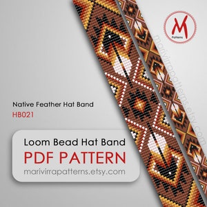 May include: A PDF pattern for a loom bead hat band featuring a Native American feather design. The pattern is available to purchase on Etsy. The pattern is called "Native Feather Hat Band" and the product code is "HB021".