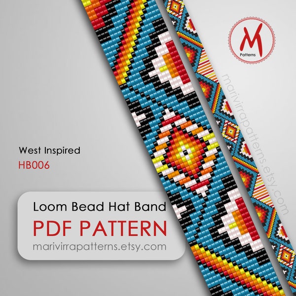West Inspired Loom bead pattern for hat band, Loomed stitch, native west inspired style, miyuki beads 11/0 size, PDF instant download #HB006