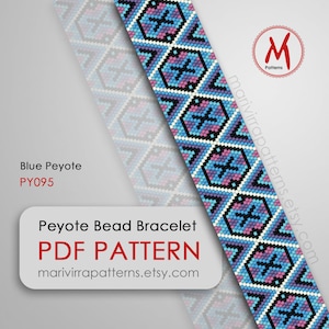 May include: Blue Peyote bead bracelet pattern, a PDF download for a peyote stitch bracelet with a geometric design in shades of blue, pink, and black. The pattern is called PY095.