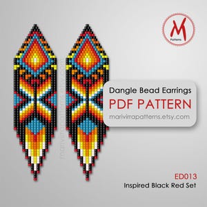 May include: A pair of dangle bead earrings with a geometric pattern in black, red, yellow, orange, and blue. The earrings are inspired by a black and red set. The image includes text that reads "Dangle Bead Earrings PDF Pattern" and "marivirrapatterns.etsy.com".