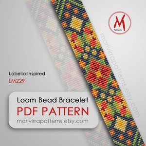 Puede incluir: Patrón PDF de pulsera de cuentas de telar, Lobelia Inspired, LM229, marivirrapatterns.etsy.com. El patrón presenta un diseño colorido con cuentas rojas, amarillas, verdes y negras.