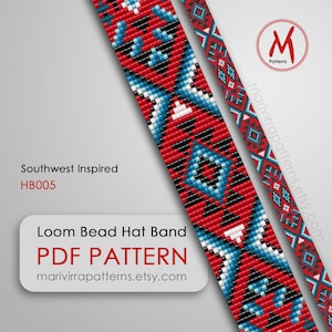 May include: Southwest-inspired loom bead hat band PDF pattern. The design features a geometric pattern in red, black, white, and turquoise. The text on the image reads "Loom Bead Hat Band PDF Pattern" and "marivirrapatterns.etsy.com".
