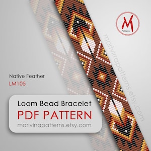 Pode incluir: Padrão de pulseira de contas de tear Native Feather em PDF, um padrão de pulseira de contas colorido com contas marrons, vermelhas, brancas, pretas e douradas. O padrão é para uma pulseira de contas de tear e está disponível para download em PDF. O padrão é chamado de "Native Feather" e o número do padrão é LM105.