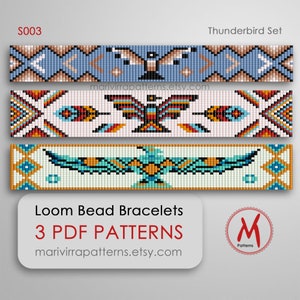 May include: Three loom bead bracelet patterns featuring a Thunderbird design. The patterns are in a white, blue, red, yellow, and orange color scheme. The patterns are labeled "Thunderbird Set" and "S003".