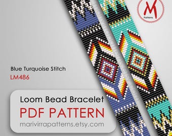 Patrones de cuentas para pulseras con puntada de turquesa azul - Inspiradas en los nativos del suroeste, cuentas Miyuki tamaño 11/0 - Descarga instantánea en PDF #LM486
