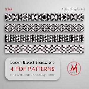Pode incluir: Quatro padrões de pulseiras de contas de tear em preto e branco com o título "Aztec Simple Set" e o texto "Loom Bead Bracelets 4 PDF PATTERNS marivirrapatterns.etsy.com" e um logotipo com a letra "M" e a palavra "Patterns".