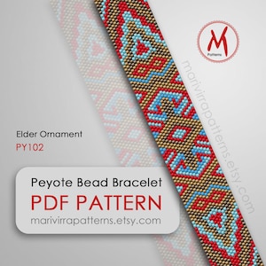 May include: Peyote bead bracelet pattern, Elder Ornament PY102, with red, blue, gold, and brown beads. The pattern is available as a PDF download from marivirrapatterns.etsy.com.