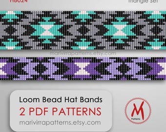 Triangle Loom bead patterns for hat band, native inspired, Teal Turquoise and purple, miyuki beads 11/0 size - PDF instant download #HB024