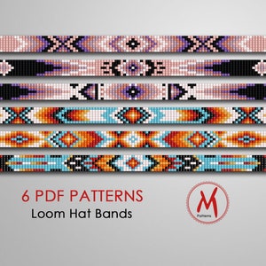 Könnte beinhalten: Sechs PDF-Muster für Loom-Hutbänder. Die Muster zeigen farbenfrohe geometrische Designs in den Farben Rosa, Lila, Orange, Blau und Schwarz. Der Text "6 PDF PATTERNS Loom Hat Bands" ist unter den Mustern dargestellt.