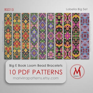Puede incluir: Un conjunto de 10 patrones PDF para pulseras de cuentas de telar con un diseño floral en una variedad de colores, incluyendo rojo, verde, amarillo, azul y morado. Los patrones se titulan "Lobelia Big Set" y están disponibles para su compra en marivirrapatterns.etsy.com.