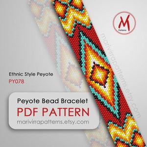 Ethnic Style Peyote bead pattern for bracelet - Native inspired, Turquoise red, miyuki delica beads 11/0 size - PDF instant download #PY078