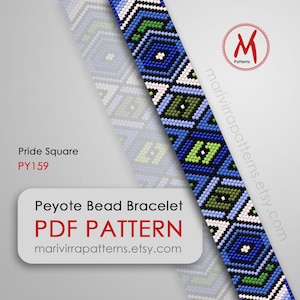 May include: Peyote bead bracelet pattern, Pride Square PY159, PDF pattern, marivirrapatterns.etsy.com. The bracelet features a geometric design with blue, green, white, and black beads.