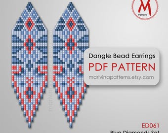 Blue Diamonds bead pattern for Dangle Earrings - Native inspired, Red blue lines, miyuki delica bead 11/0 size - PDF instant download #ED061