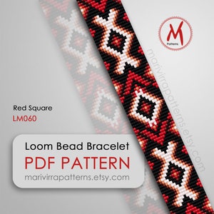 May include: A loom bead bracelet PDF pattern with a geometric design in red, black, and white. The text "Red Square LM060" is displayed, along with "Loom Bead Bracelet PDF Pattern" and a website address.
