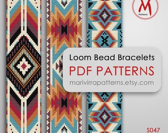 May include: Three loom bead bracelet patterns in a set. The patterns are geometric and feature a mix of red, orange, yellow, blue, white, black, and brown beads. The patterns are labeled "S047 Stripe Set" and the website "marivirrapatterns.etsy.com".