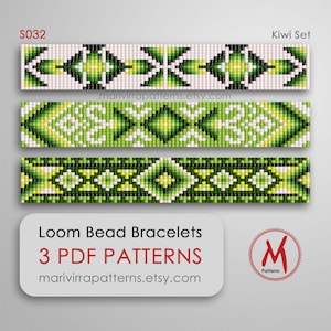Kiwi Set Loom bead patterns for bracelets - Set of 3 pattern, green color, native inspired style, bead 11/0 size, PDF instant download #S032