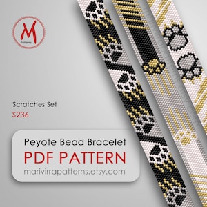 May include: Three peyote bead bracelet patterns in black, white, and gold. The patterns are called "Scratches Set" and are available as a PDF download. The patterns are available on the website marivirrapatterns.etsy.com.