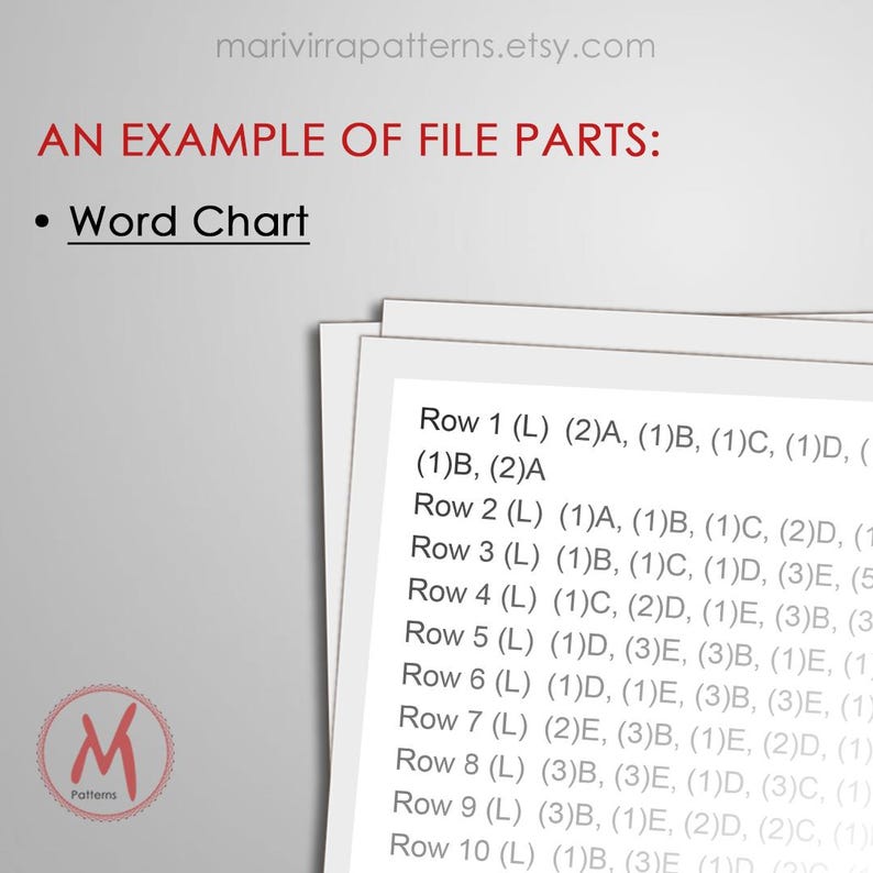 May include: A close-up of a white sheet of paper with a black and white text chart. The chart is titled "Word Chart" and lists the words "Row 1 (L) (2)A, (1)B, (1)C, (1)D, (1)B, (2)A" through "Row 10 (L) (1)B, (3)E (1)D (2)C (1)".
