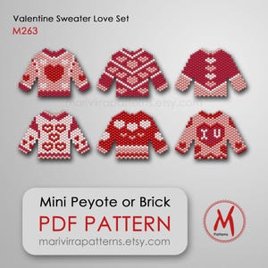 May include: Six different Valentine's Day sweater designs for beading. The designs feature hearts, the words "I U", and other Valentine's Day motifs. The designs are labeled "Mini Peyote or Brick PDF PATTERN" and "marivirrapatterns.etsy.com".