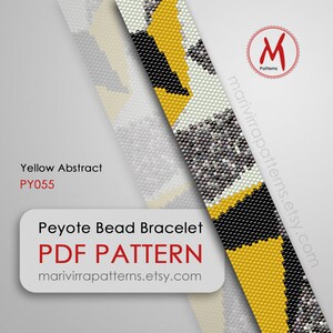 Peut inclure: Un modèle de bracelet en perles Peyote en jaune, noir et blanc. Le motif s'appelle "Yellow Abstract" et a le code PY055. Le modèle est disponible en téléchargement PDF sur marivirrapatterns.etsy.com.