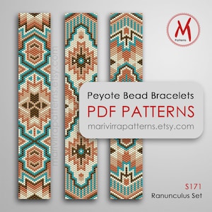 May include: Three peyote bead bracelet patterns in a set called "Ranunculus Set" for $171. The patterns feature geometric designs in shades of brown, beige, teal, and white. The patterns are available as PDF downloads from marivirrapatterns.etsy.com.