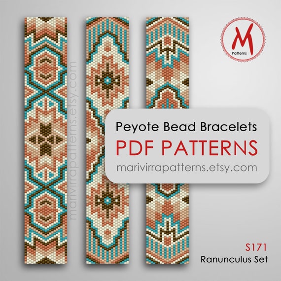 Ranunculus Peyote Patterns Set for bracelets - Odd Count, Turquoise bracelets, Native inspired, miyuki 11/0 size, PDF instant download #S171