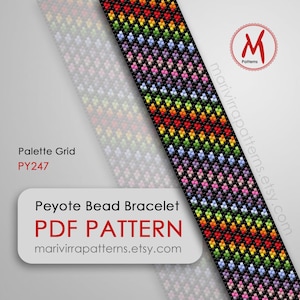 May include: A colorful peyote bead bracelet pattern in a rainbow color scheme. The pattern is for a bracelet with a black background and a grid of colorful beads. The text "Peyote Bead Bracelet PDF PATTERN marivirrapatterns.etsy.com" is at the bottom of the image.