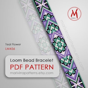 Puede incluir: Patrón de pulsera de cuentas de telar Teal Flower en PDF, una descarga digital para crear una pulsera de cuentas con un diseño en turquesa, morado y blanco. El patrón está disponible en marivirrapatterns.etsy.com.