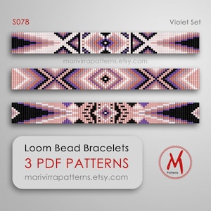 Violet Set Loom bead patterns for bracelets - Set of 3 pattern, narrow bracelets , miyuki seed beads 11/0 size - PDF instant download #S078