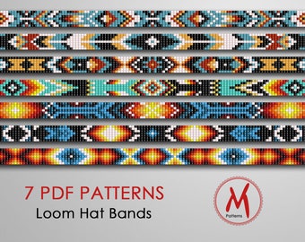 May include: Seven PDF patterns for loom hat bands. The patterns feature colorful geometric designs in shades of blue, orange, yellow, white, and black. The designs are reminiscent of Native American beadwork.