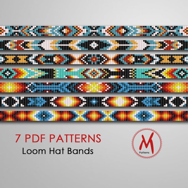 7 beads wide 24 in Lenght Bright colors Loom patterns for hat bands - native inspired style, seed beads 11/0 size - PDF instant download