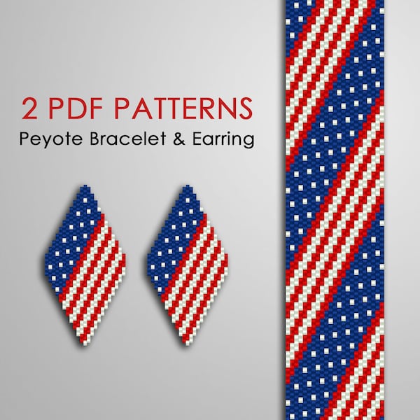 USA Flag peyote bead patterns for bracelet & earring - 2 PDF set American Flag patterns, july of 4th, US Independence Day, United States