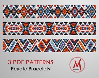 3 Patterns for Triangle set, Peyote bead pattern for bracelet - Red to Blue, Aztec indian ornament, beads miyuki 11/0 - PDF instant download