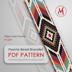 May include: A colorful peyote bead bracelet pattern in a PDF format. The design features a geometric pattern with red, orange, blue, and black beads. The text on the image reads "Stripe Lines Peyote PY269" and "Peyote Bead Bracelet PDF PATTERN".